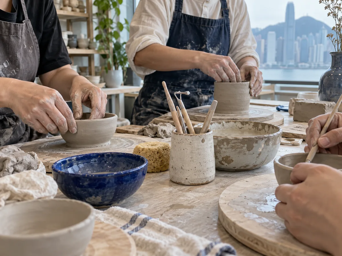 陶藝工作坊的參加者正在製作陶器,作為活動與課程的情境示意